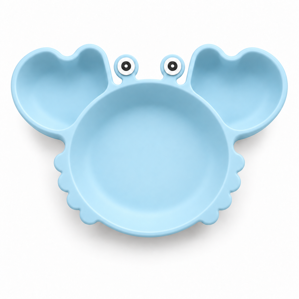 In the set: Crab Suction Plate in Ice Blue, top view showing three sections