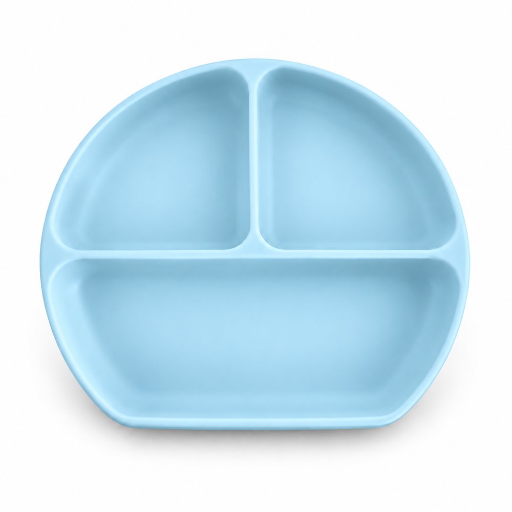 Divided Suction Plate in Ice Blue, top view showing three sections
