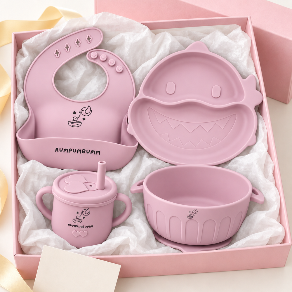 First Feast Gift Set in Soft Peony with the Shark plate, in its gift box