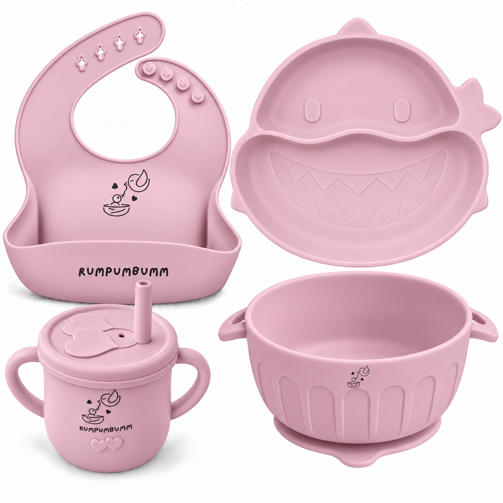 First Feast set in Soft Peony: Shark Suction Plate, Suction Bowl, Straw Sippy Cup With Open Lid and Food Catching Bib