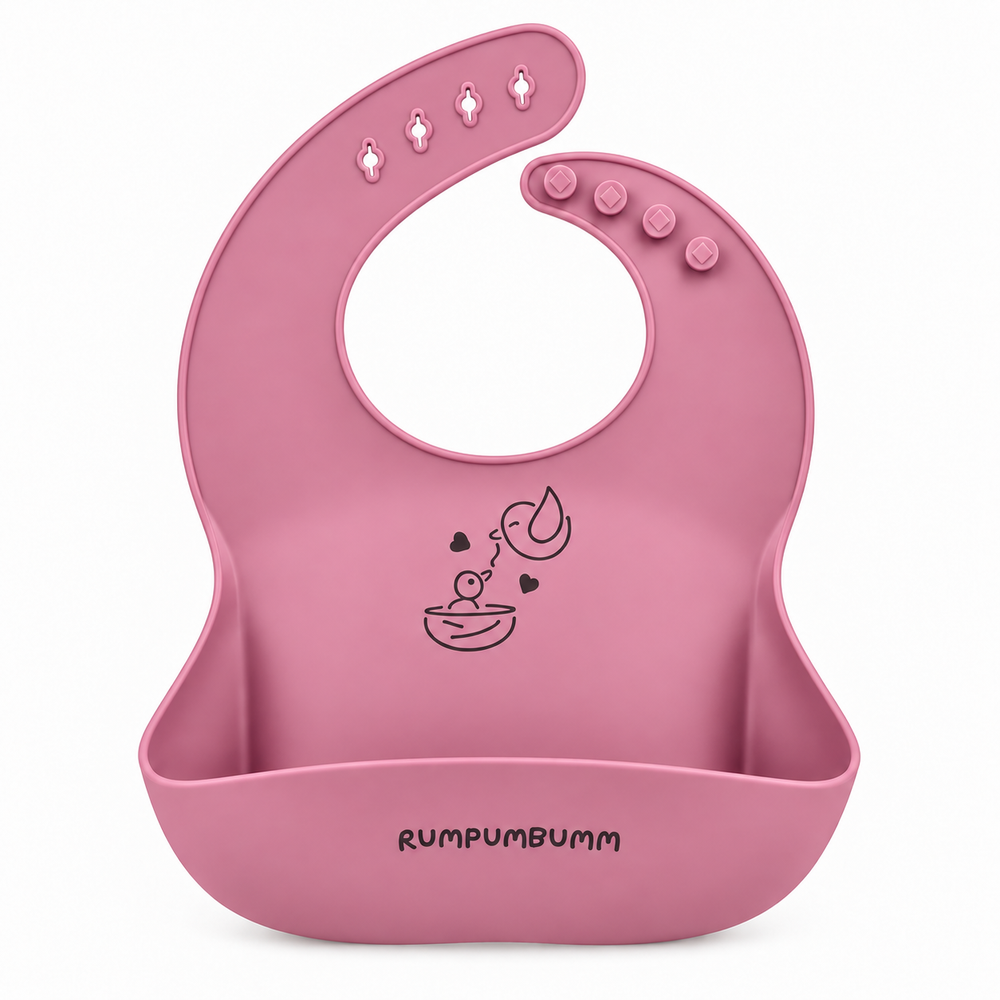 In the set: Food Catching Bib in Dusty Rose, front, showing the food-catching pocket