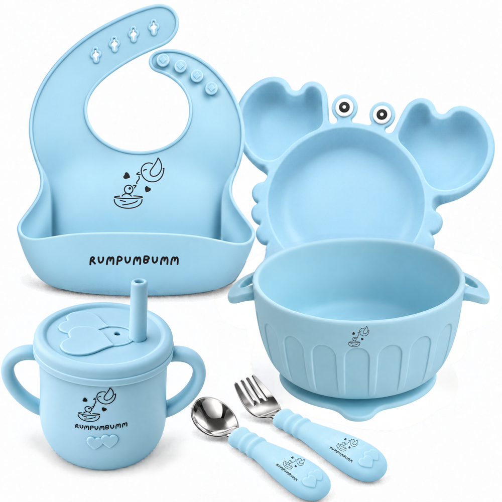 Independent Eater set in Ice Blue: Crab Suction Plate, Suction Bowl, Straw Sippy Cup With Open Lid, Food Catching Bib and Spoon & Fork Set