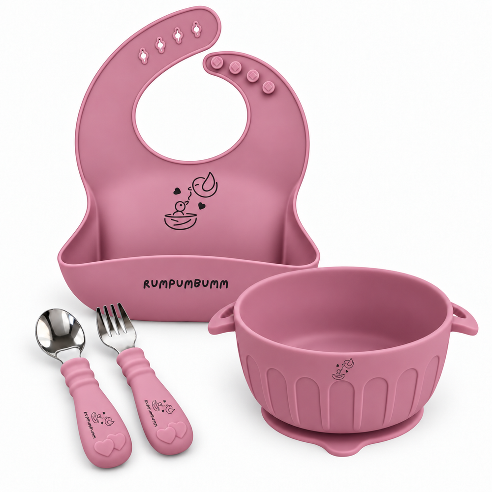 Little Diner set in Dusty Rose: Suction Bowl, Food Catching Bib and Spoon & Fork Set