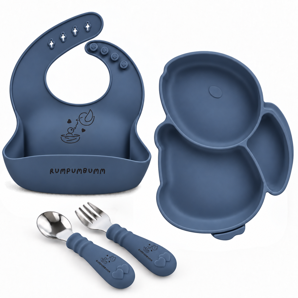 Mess Less Gift Set in Midnight Blue: Rabbit Suction Plate, Food Catching Bib and Spoon & Fork Set