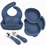 Mess Less set in Midnight Blue: Rabbit Suction Plate, Food Catching Bib and Spoon & Fork Set