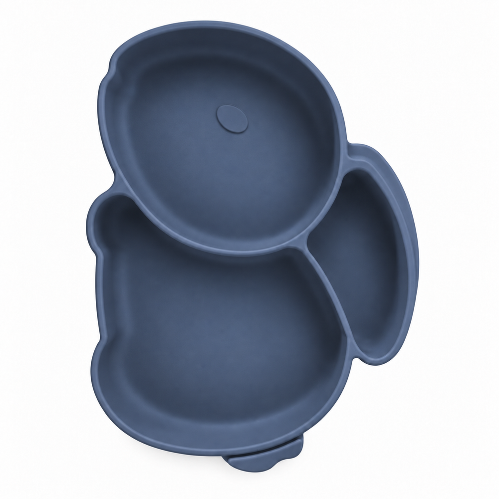 In the set: Rabbit Suction Plate in Midnight Blue, top view showing three sections