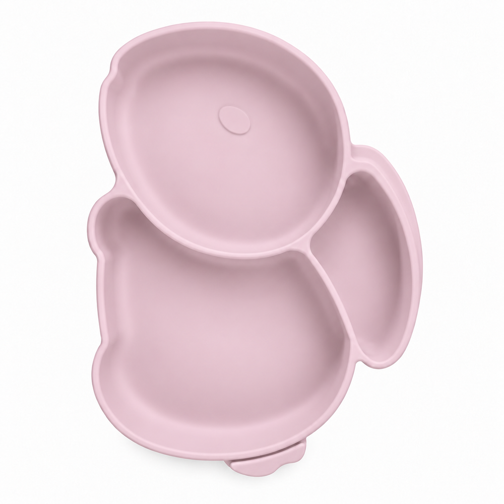 Rabbit Suction Plate in Soft Peony, top view showing three sections