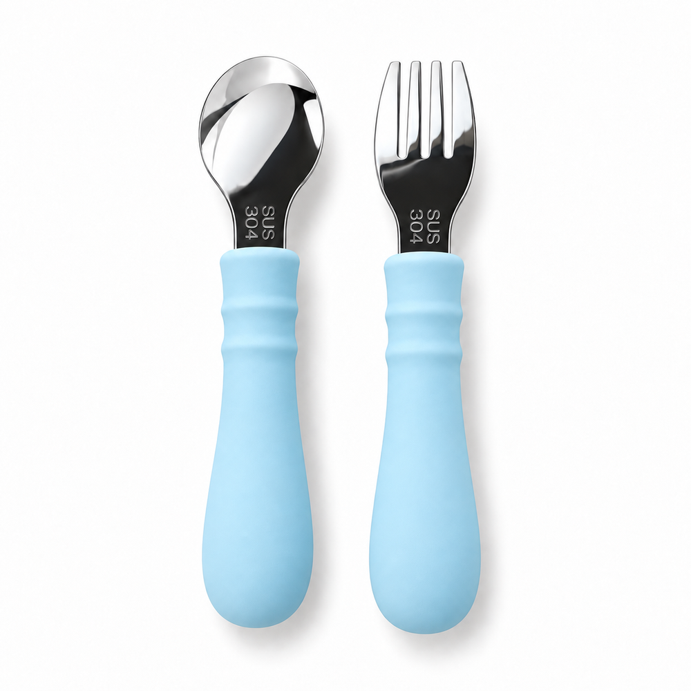 Spoon & Fork Set in Ice Blue, back, showing the SUS 304 marking
