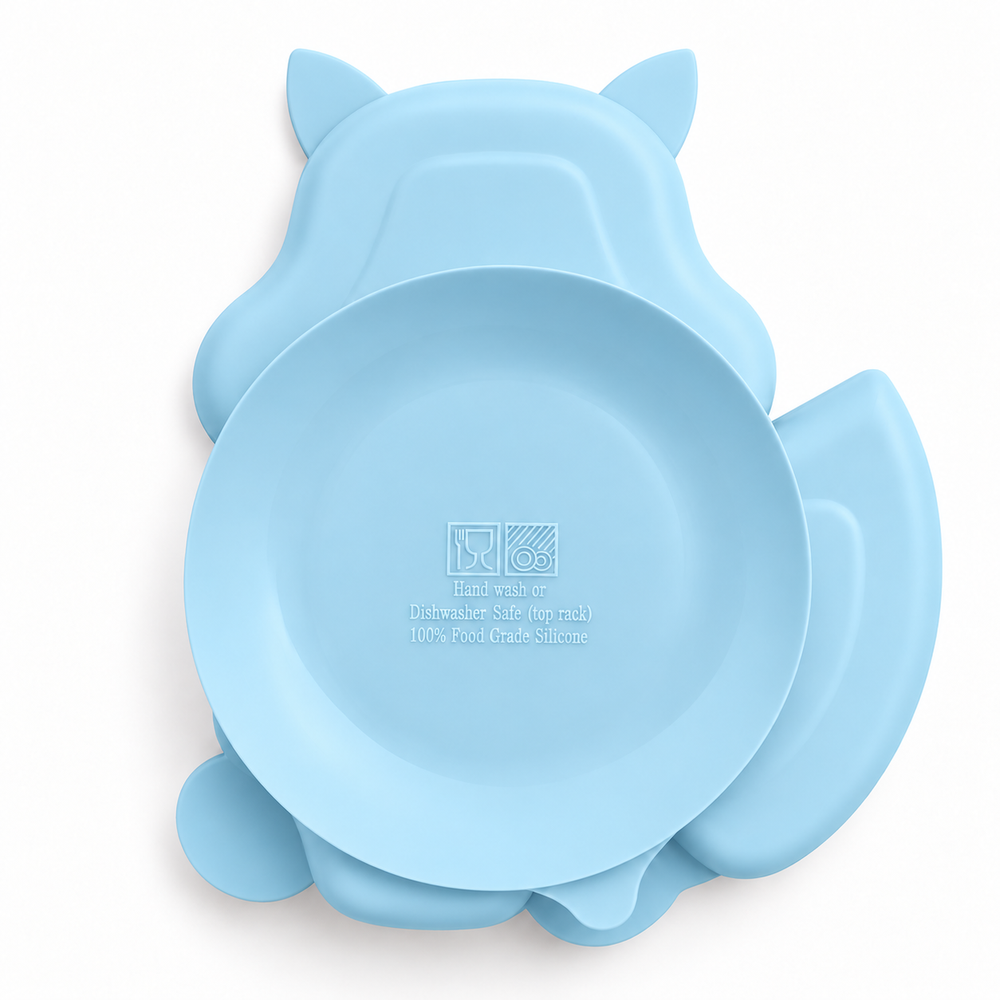 Squirrel Suction Plate in Ice Blue, underside showing the suction base and care marking