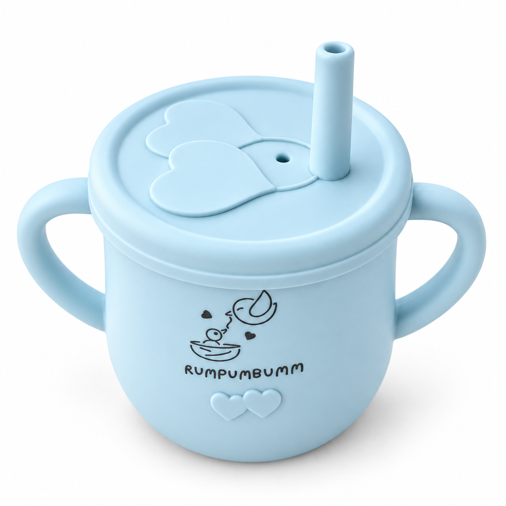 Straw Sippy Cup With Open Lid in Ice Blue, with straw lid, front