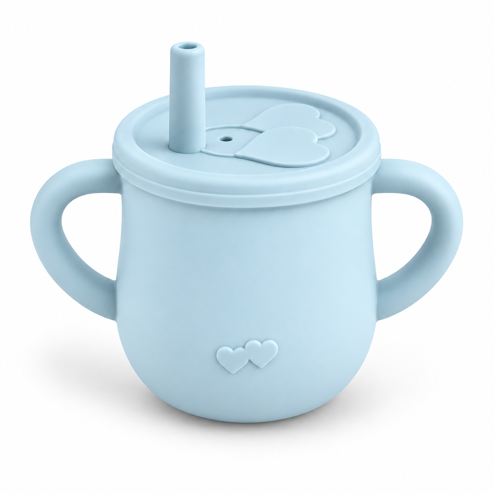 Straw Sippy Cup With Open Lid in Ice Blue, with straw lid, back