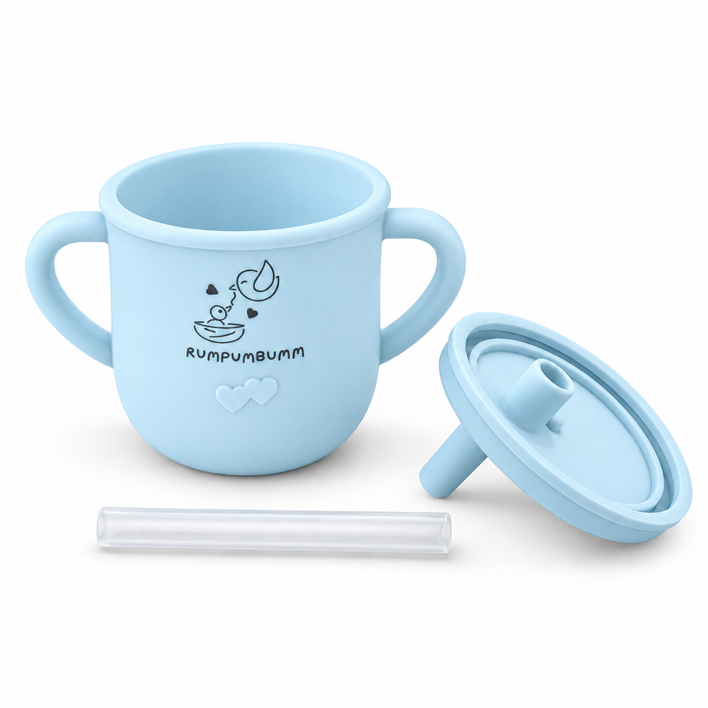 Straw Sippy Cup With Open Lid in Ice Blue, cup, straw lid and straw laid out side by side