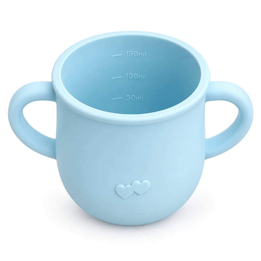 Straw Sippy Cup With Open Lid in Ice Blue, without lid, showing the measurement markings
